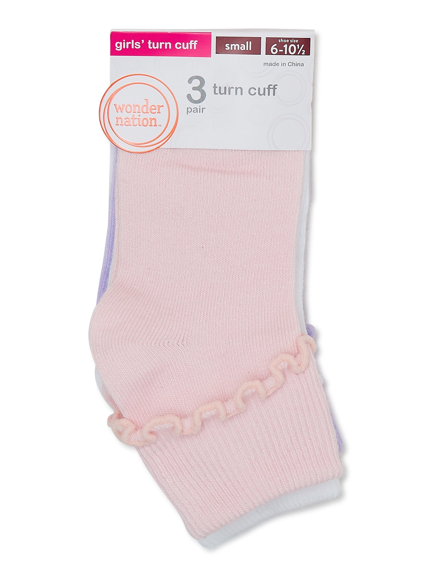Wonder Nation Girls’ Turn Cuff Ruffle Socks, 3-Pack, Sizes S-L