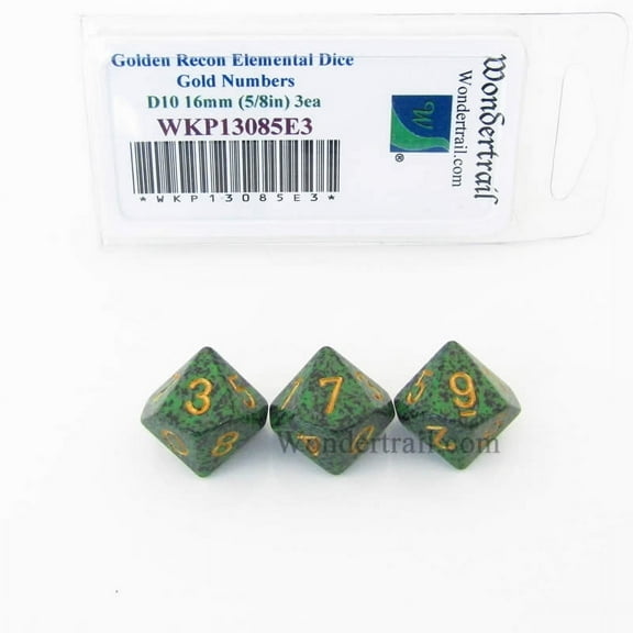 Golden Recon Elemental Dice with Gold Numbers 16mm (5/8in) D10 Pack of 3 Wondertrail