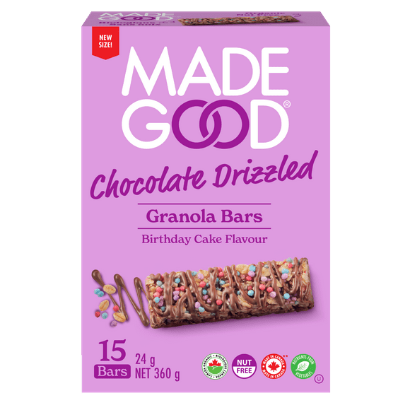 MadeGood Chocolate Drizzled Birthday Cake Bar 15ct, MG Birthday Cake Granola Bars VP