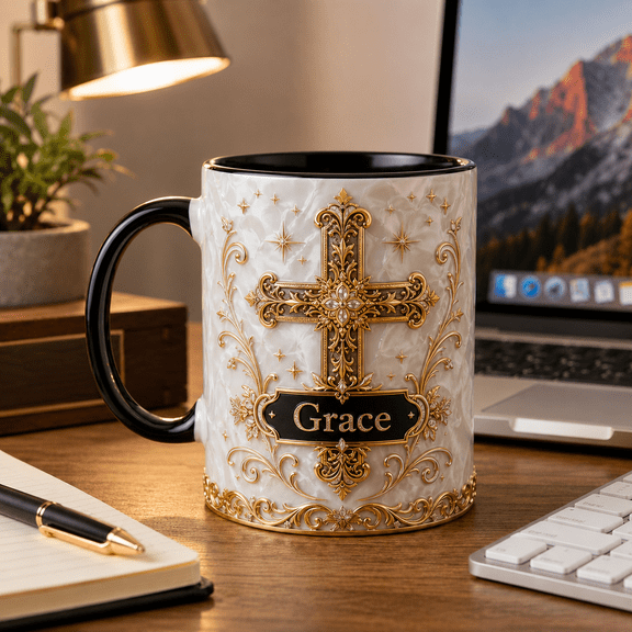 Cross Mug 2D Printed 3D Effect Religious Gift Mug with Grace Design for Christians
