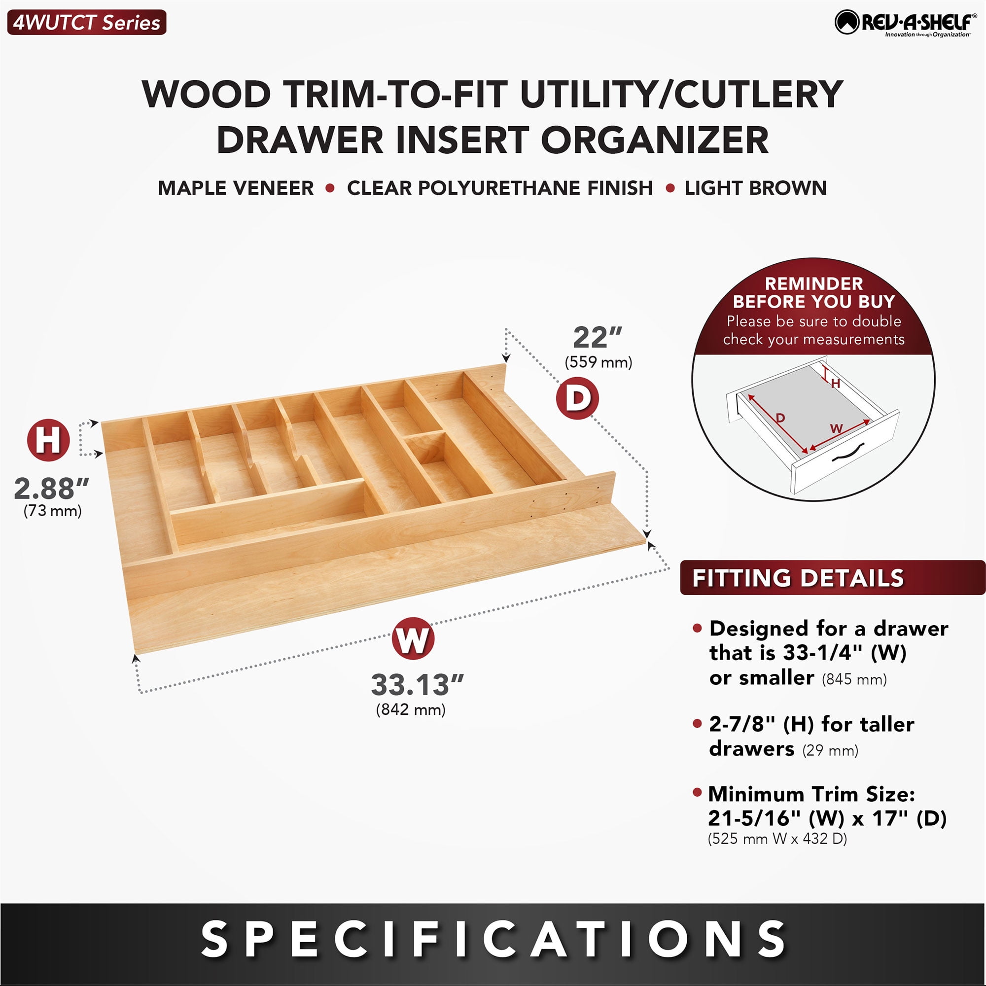 Rev-A-Shelf Trim to Fit Shallow Drawer Organizer, 33.11" x 21.97", 4WUTCT-36-1