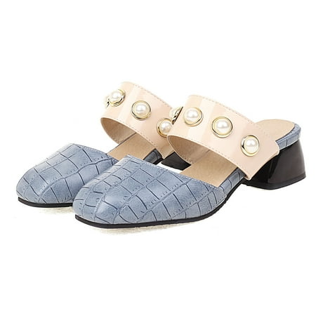 

Women s Shoes Pearl Slip-on Sandals Square Mid Heel Round Toe Casual Plaid Slippers