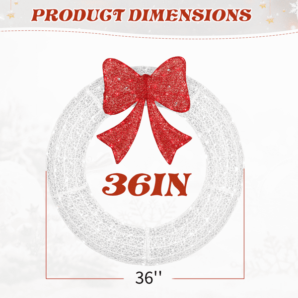Alvantor 36-Inch Metal Christmas Wreath with 165 LED Lights, Red Bow, Remote and Timer, White