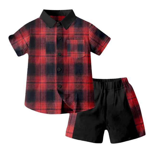 felwors Garçons Flamant Rose Chemise Boutonnée Décontractée d'Été Ensemble 2 Pcs Chemise Boutonnée et Short, Chemise à Manches Courtes Boutonnée devant pour Vacances, Tailles 4 Ans-10 Ans (Rouge, 9-10 Ans)