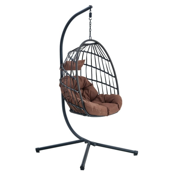 Indoor Outdoor Egg Swing Chair with Stand, Patio Grey Wicker Rattan Hanging Chair with Rope Back, Cushion,Cover,All Weather Foldable Hammock Chair for Bedroom, Porch, Garden