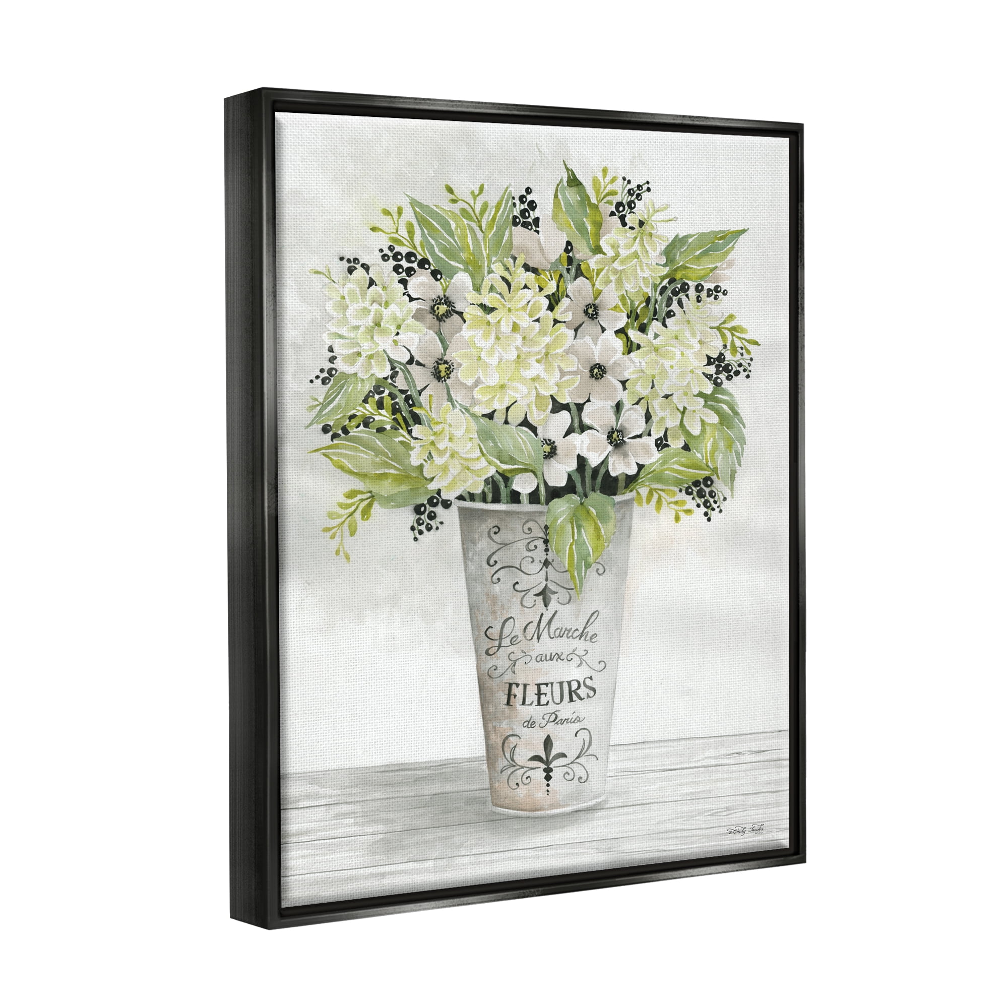 Stupell Industries French Floral Greenery Bouquet Parisian Charm Flowers Jet Black Framed Floating Canvas Wall Art, 16x20, by Cindy Jacobs