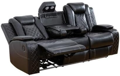 PonLiving Power Leather Recliner Sofa with LED Lights,with USB Port/Storage Console/Cup Holders. Black
