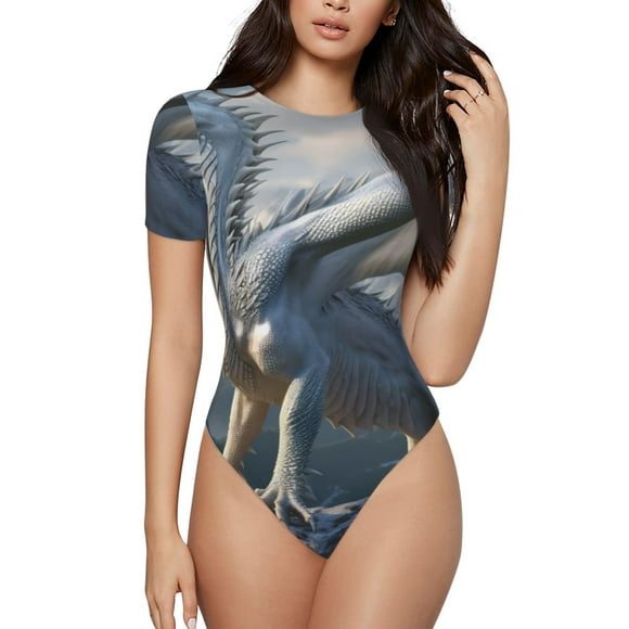 Saiise Mountain White Dragon Pattern Women's Short-Sleeved Onesie Round Neck Pajamas Stretchy Bodysuit with Snap Closure-XX-Large