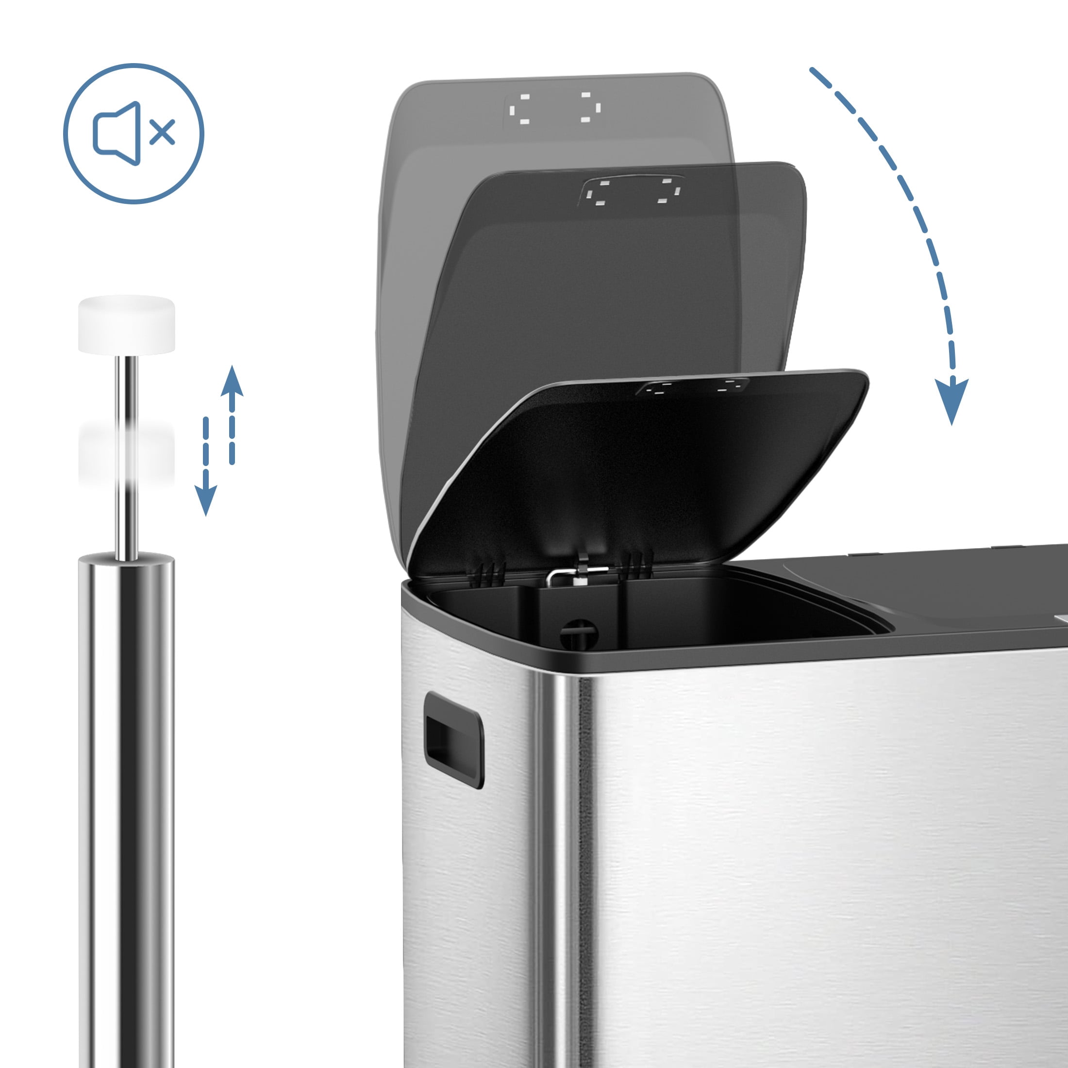KSSKSS 16 Gallon/60L Stainless Steel  Step Garbage Can for Kitchen, with 40 Trash Bags,2 x 8 Gallon (2 x 30 L) Double Compartments with 2 Plastic Inner Buckets,Airtight,Silver