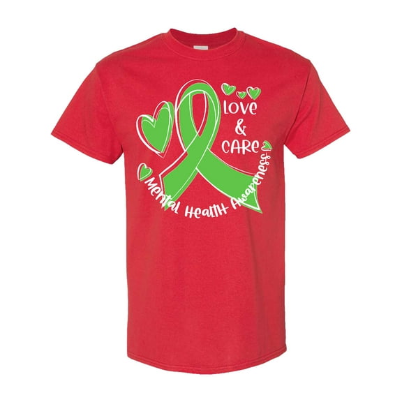 Inktastic Love and Care Mental Health Awareness Green Ribbon T-Shirt