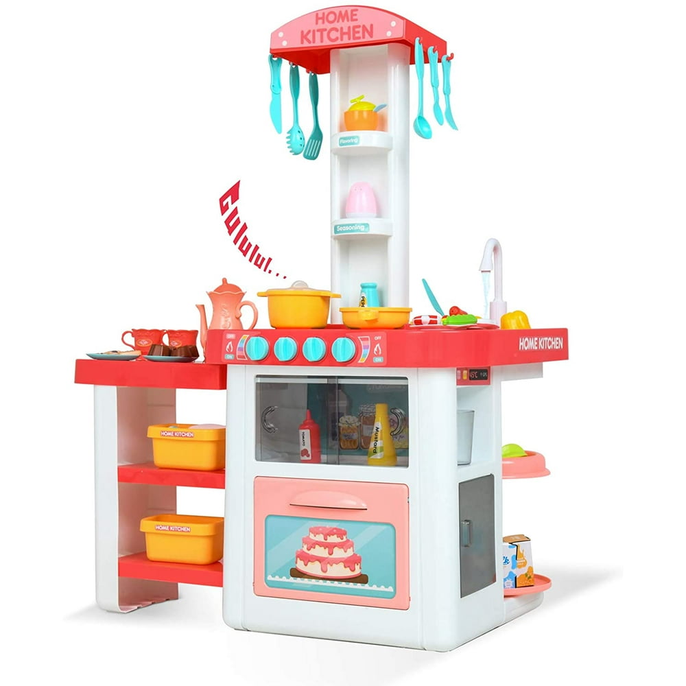 Uenjoy Kids Mini Kitchen Playset Plastic Pretend Play Kitchen with Realistic Lights & Sounds