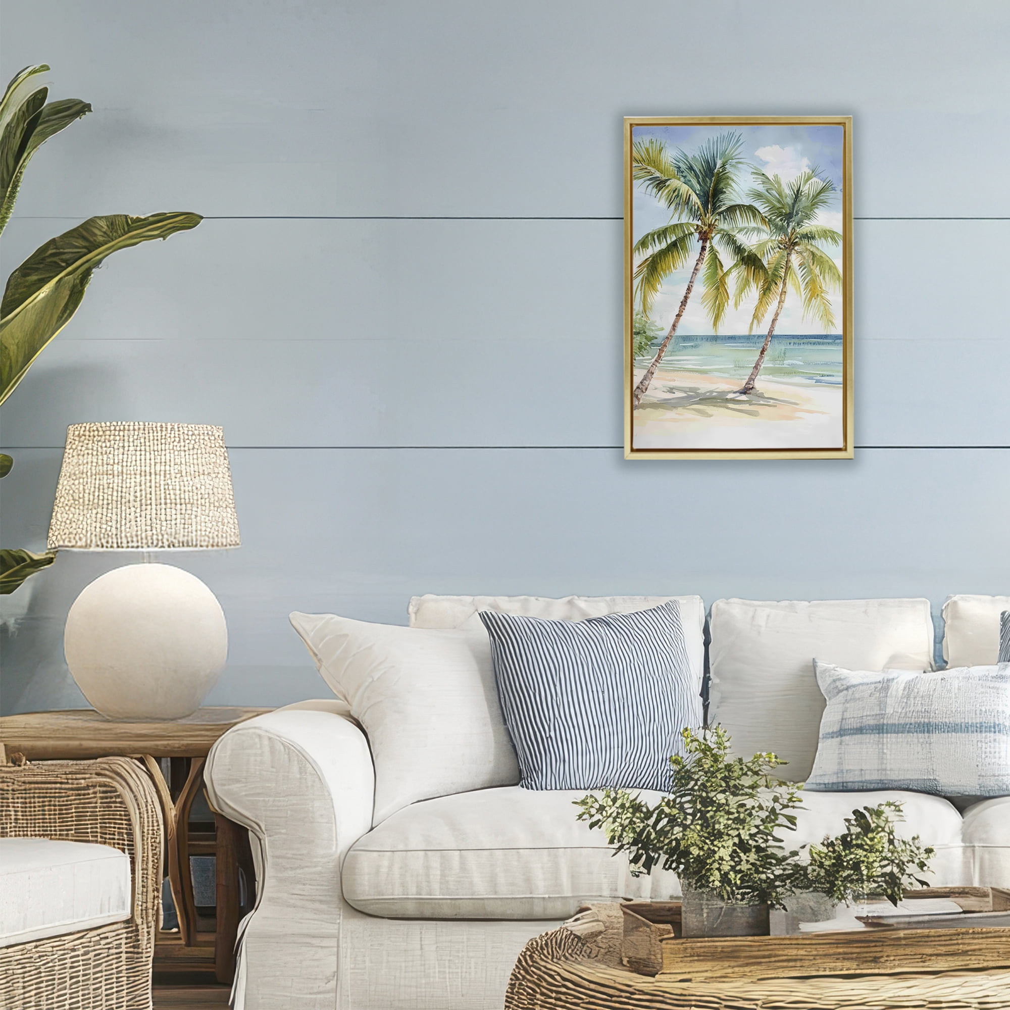 Stupell Industries Shady Palm Beach Escape Gold Framed Floater Canvas Wall Art, design by Petal Prints Design