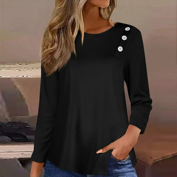 Button Detail Curvy Hem T-shirt, 3/4 Sleeve Round Neck Casual Top, Women's Clothing