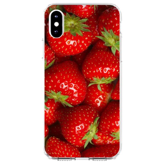 DistinctInk Clear Shockproof Hybrid Case for iPhone X / XS (5.8" Screen) - TPU Bumper, Acrylic Back, Tempered Glass Screen Protector - Bright Red Strawberries
