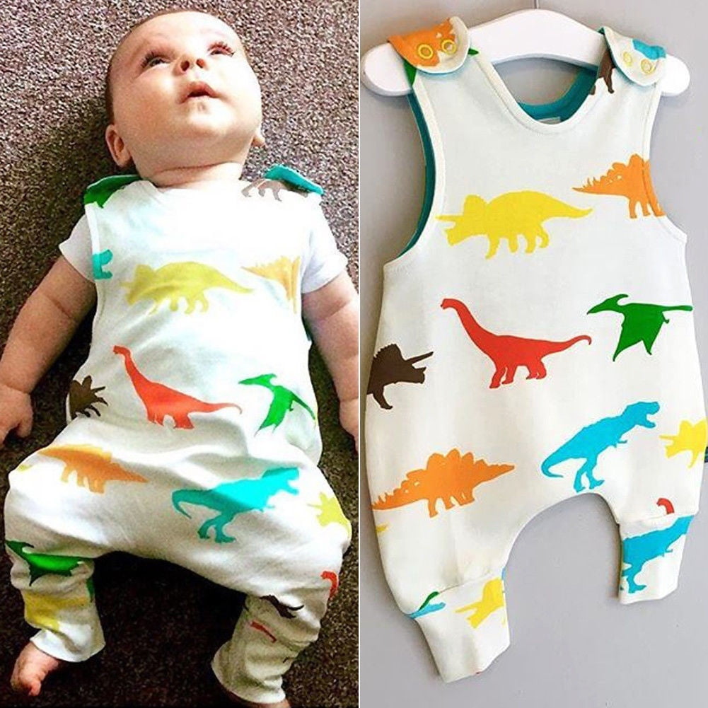 Hevoiok Newborn Infant Toddler Baby Boys Girls Romper Casual Fashion Cartoon Dinosaur Print O Neck Sleeveless Jumpsuit Baby Clothes for 0-24 Months 
