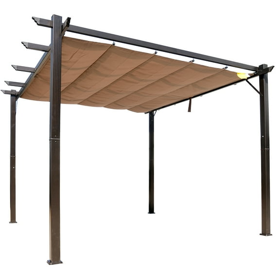 Miekor Furniture 10' x 10' Outdoor Retractable Pergola Canopy, Aluminum Patio Pergola, Backyard Shade Shelter for Porch Party, Garden, Grill Gazebo - Brown 1364