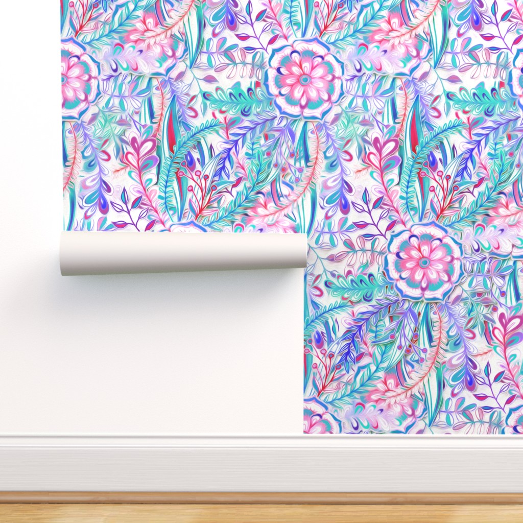 Peel-and-Stick Removable Wallpaper Boho Bohemian Floral Pink Teal Le
