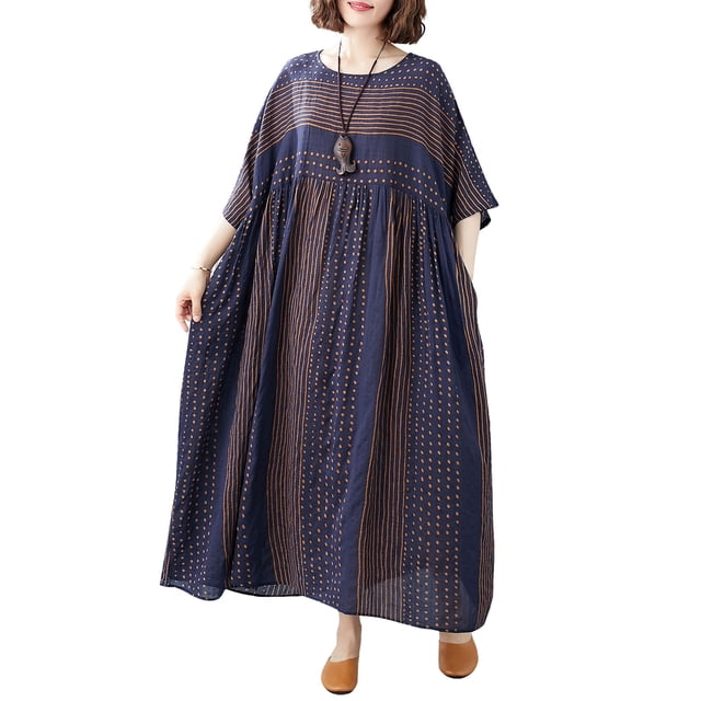 Vestido vintage de lino y algodón para mujer, vestido suelto de media manga con cuello redondo Eccomum Vestido de lino de algodón