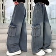 thumbnail image 7 of kpoplk Girls Jeans Baggy Wide Leg Cute Teen Denim Pants Junior Mid Rise Elastic Band with Pockets Casual Clothes(Blue,9-10 Y), 7 of 7