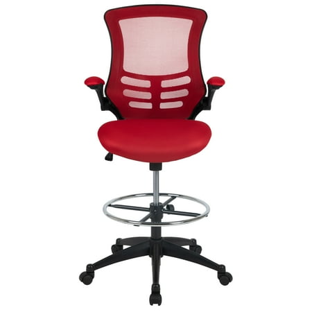 Flash Furniture - Mid-Back Mesh Ergonomic Drafting Chair with Adjustable Foot Ring and Flip-Up Arms - Red Mesh