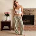 thumbnail image 4 of Petite Linen Pants for Women Striped Casual Comfy Elastic Waist Linen Drawstring Pants Y2k Baggy Flowy Lightweight Work Trousers Khaki 2XL, 4 of 6