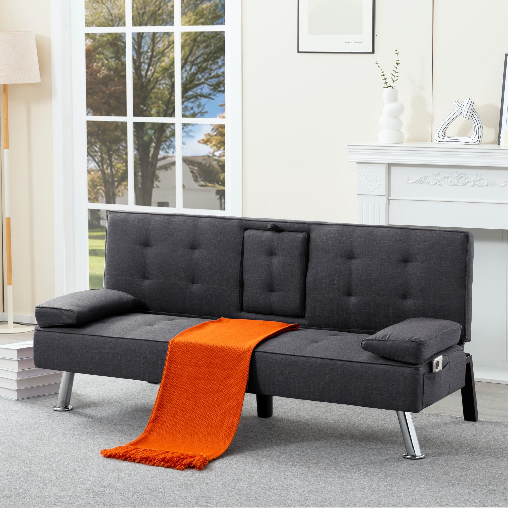 BSHTI 69.49" Fabric Convertible Futon Sofa Bed with Drop-Down Console, 2 Cup Holders, 5-Position Backrest, Side Pocket for Living Room（Dark Grey）