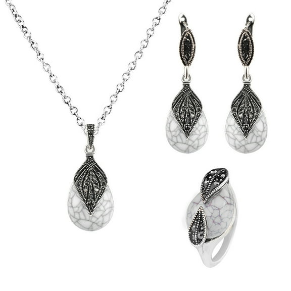 Ayyufe Leaf Water Drop Faux Turquoise Pendant Necklace Ring Earrings Women Set
