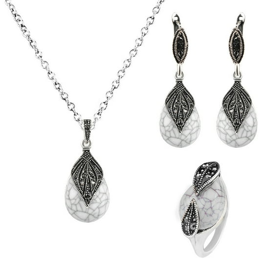 Ayyufe Leaf Water Drop Faux Turquoise Pendant Necklace Ring Earrings Women Set