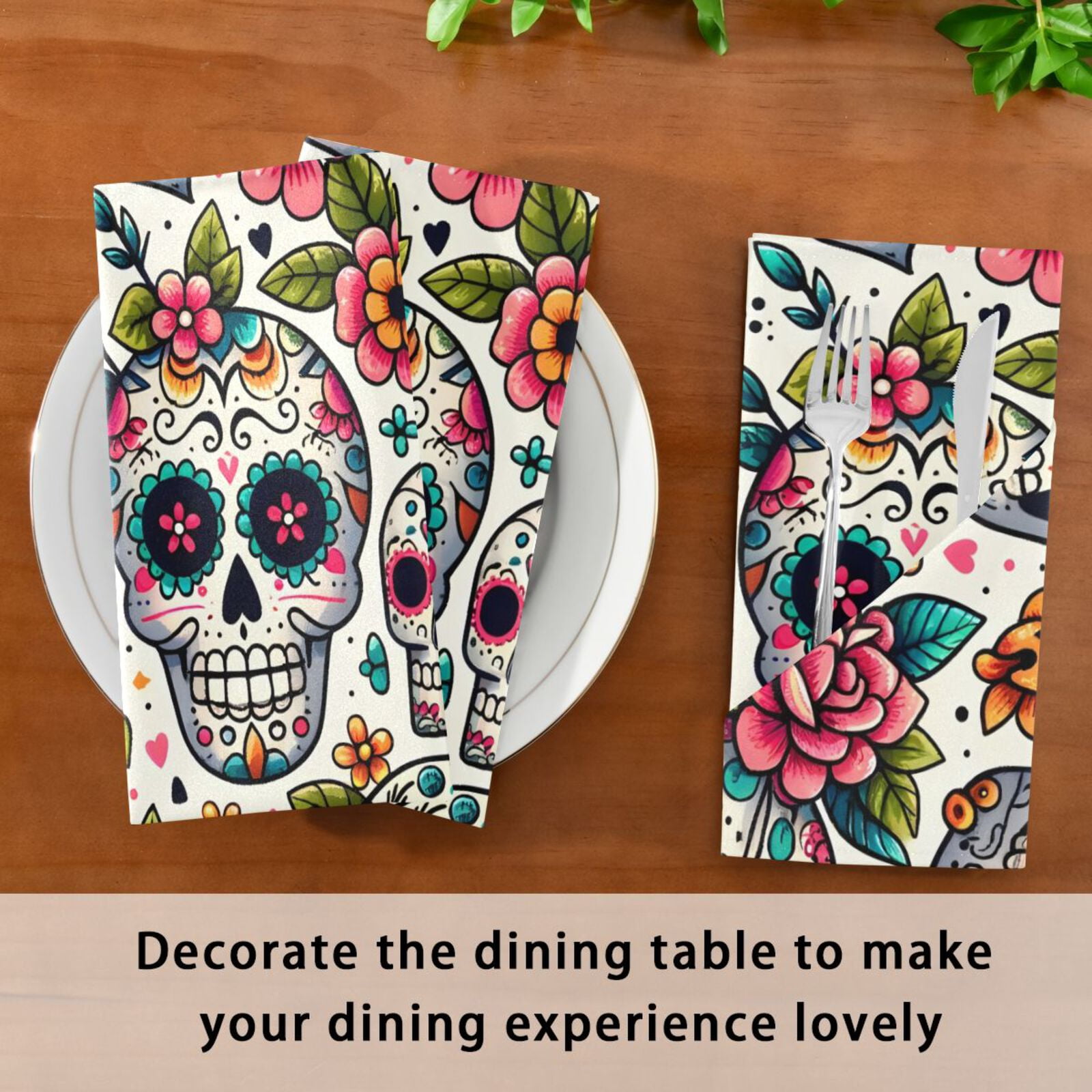JSTEL Sugar Skull Day Of Dead Flower Cloth Napkins Set of 6, 20x20 Inch Washable and Reusable Napkin for Decoupage Dinner Party Everyday Use