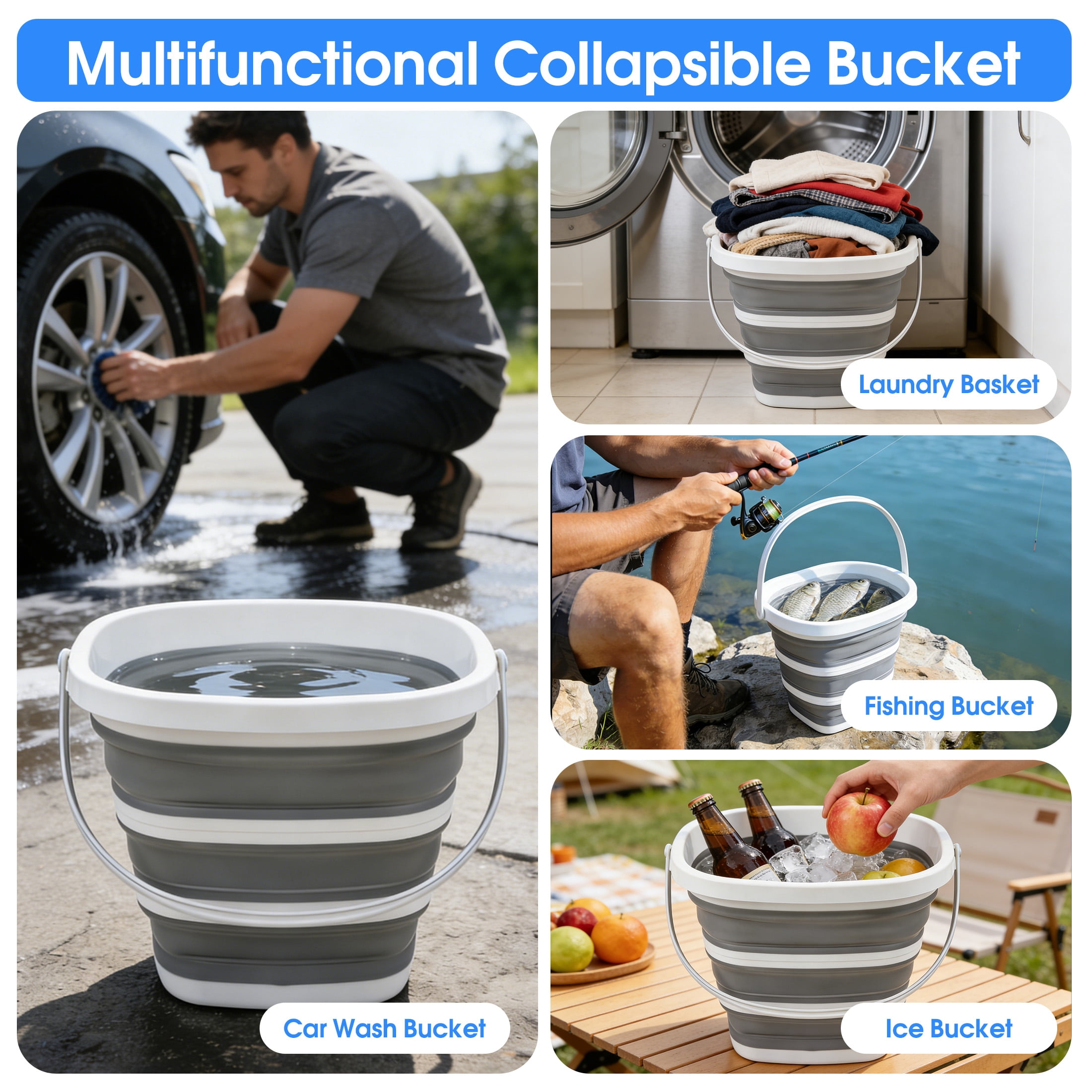 Collapsible Bucket, 10L/2.6 Gallon Portable Square Foldable Water Bucket with Handle, Space Saving Silicone Collapsible Tub for Car Washing, Fishing, Camping, Household Cleaning