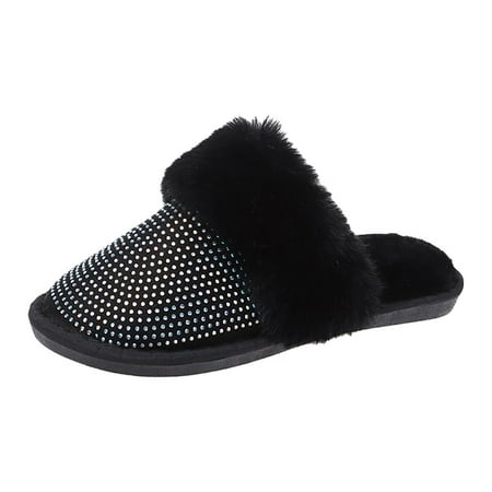 

Mackneog Women Rhinestones Slip On Furry Plush Flat Home Winter Round Toe Keep Warm Solid Color Slippers Shoes Gift on Clearance