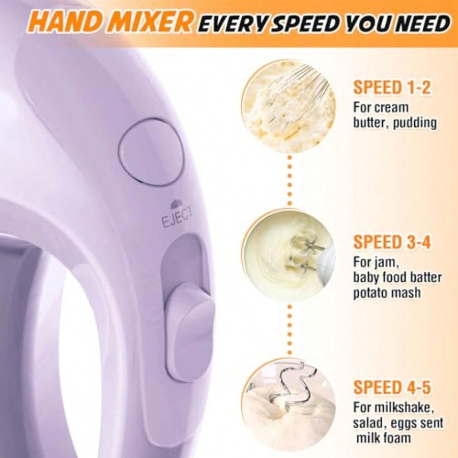 Handmixer Electric Handheld - 5 Speed Portable Kitchen Mixer Electric with 5 Stainless Steel Accessories Whisk Food Beater for Whipping Mixing Cookies Violet