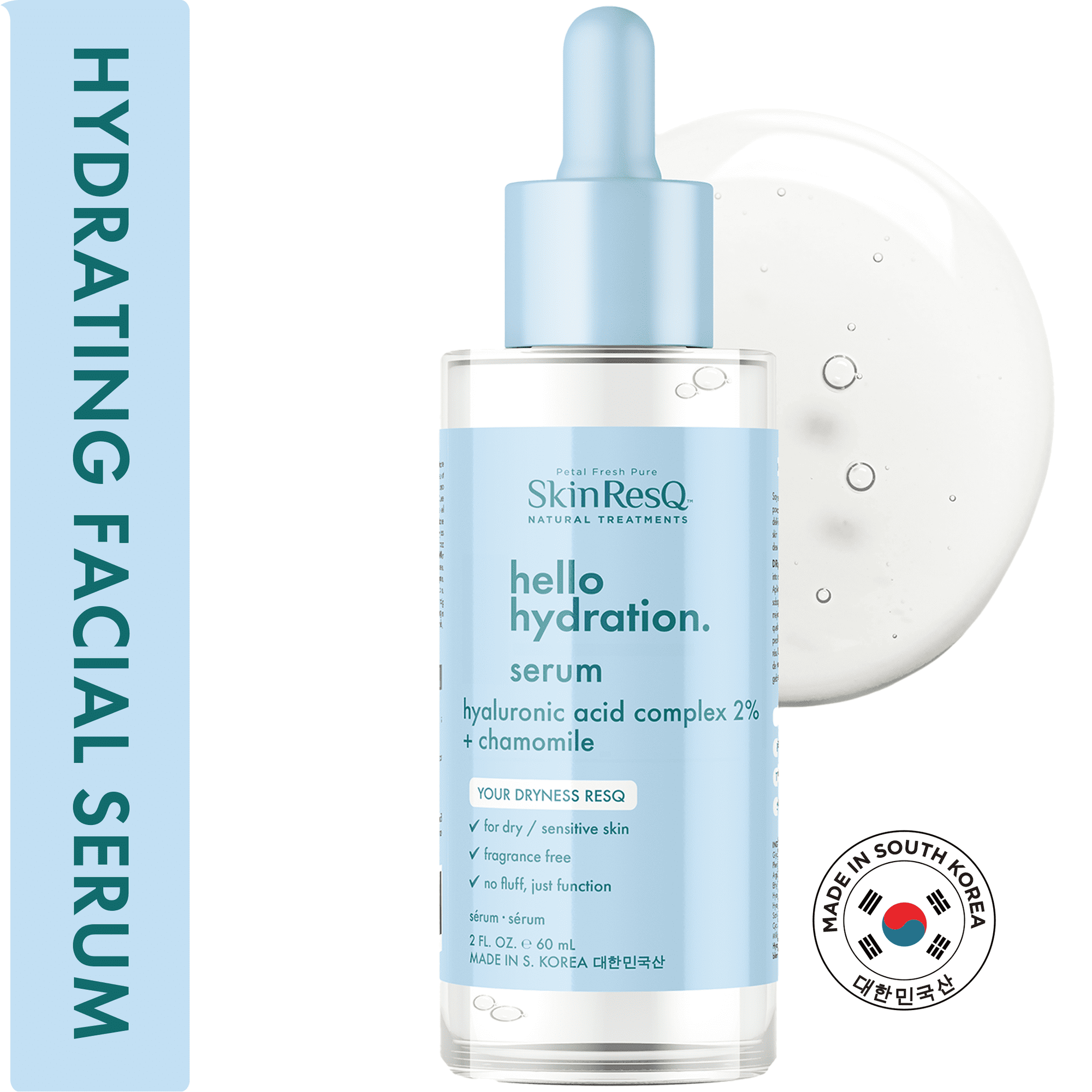 Skin ResQ by Petal Fresh Hello Hydration Serum with Hyaluronic Acid Complex 2% + Chamomile, Hydrating Face Serum for Dry & Sensitive Skin, Fragrance Free, 2 fl oz