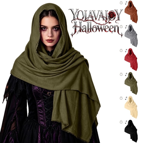 YOIAVAIOY Halloween Costume Women Medieval Hooded Scarf Cloak Vintage Frayed Wraps Witch Cosplay Shawl Beige Free Size