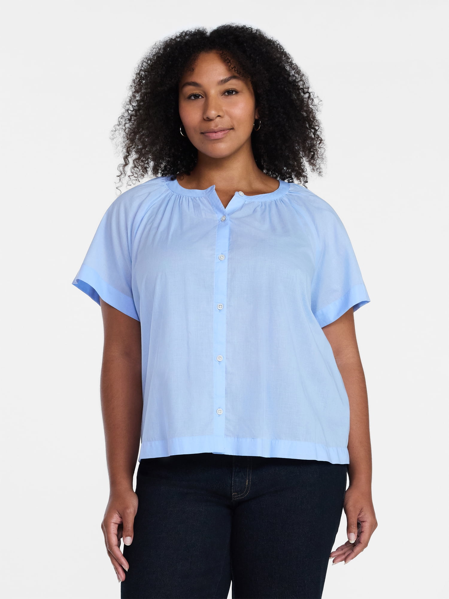 Time and Tru Women's Cotton Button Up Blouse with Short Sleeves, Sizes XS-XXXL