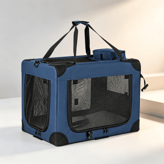 Dark Blue Soft-Sided Dog Crate with Mat, 3-Door Folding Kennel for Indoor Pet Bed and Travel Carrier