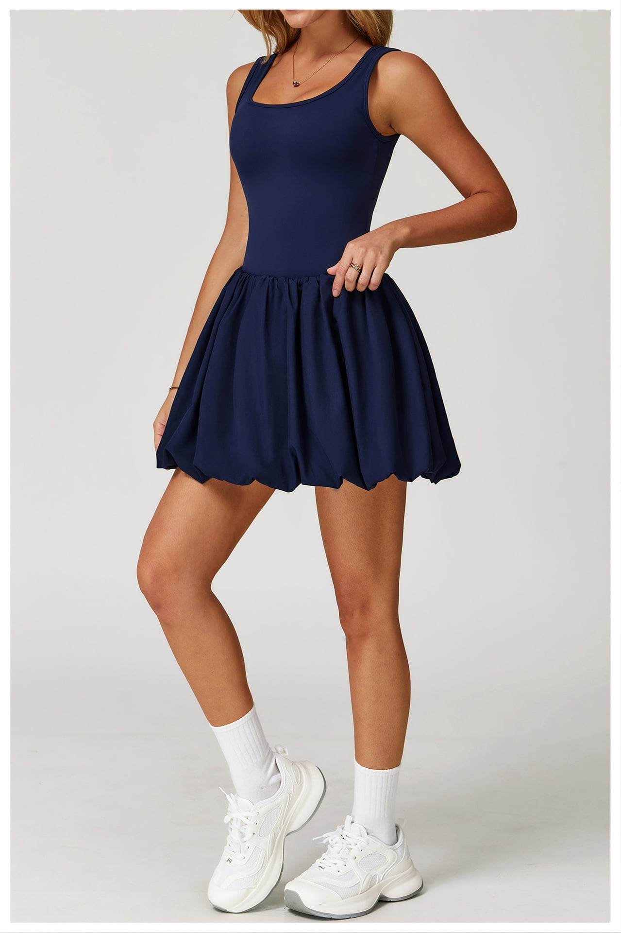 PISONIC Womens Tennis Golf Dress with Built-in Bra Shorts Backless Square Neck Mini Puffy Skirt Athletic Dresses with Pockets