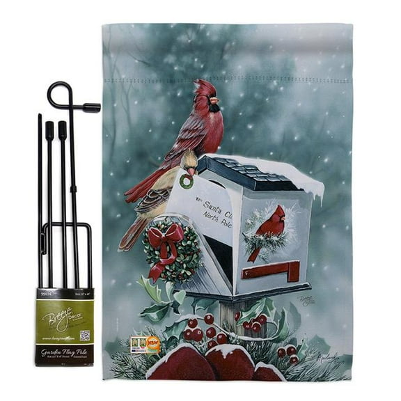 Breeze Decor BD-XM-GS-114096-IP-BO-D-US12-AL 13 x 18.5 in. Christmas Cardinals Winter Impressions Decorative Vertical Double Sided Garden Flag Set with Banner Pole
