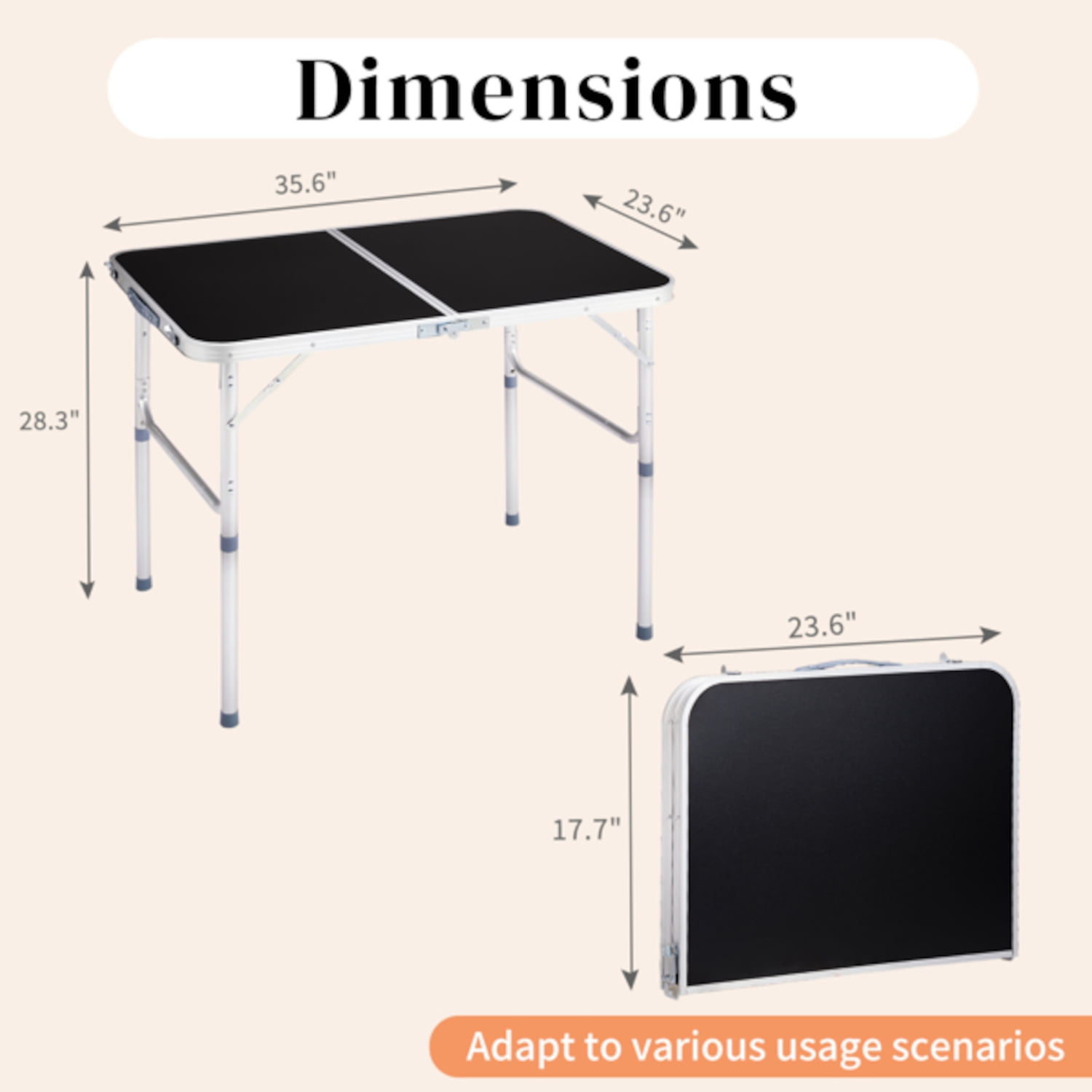 Alvantor Black Portable 3 ft Folding Camping Table with Carry Handle
