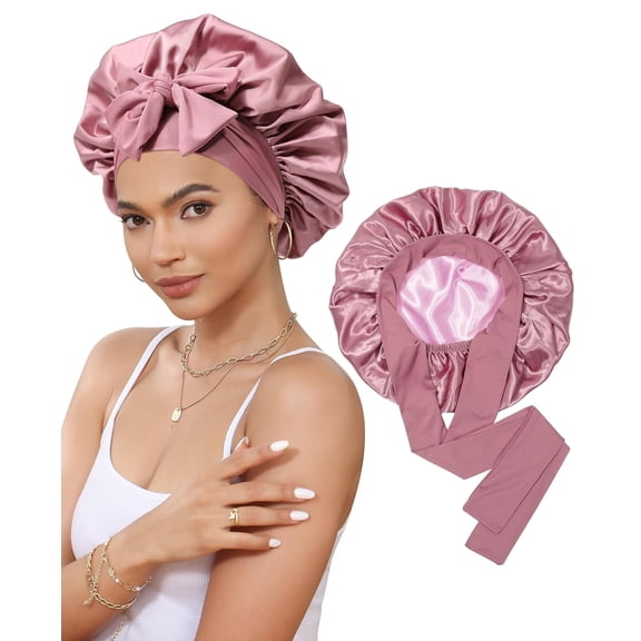 Satin Bonnet for Sleeping, Double Layer Hair Bonnet with Elastic Tie Band, Soft Night Cap for Curly and Straight Hair(Bean Paste Pink)