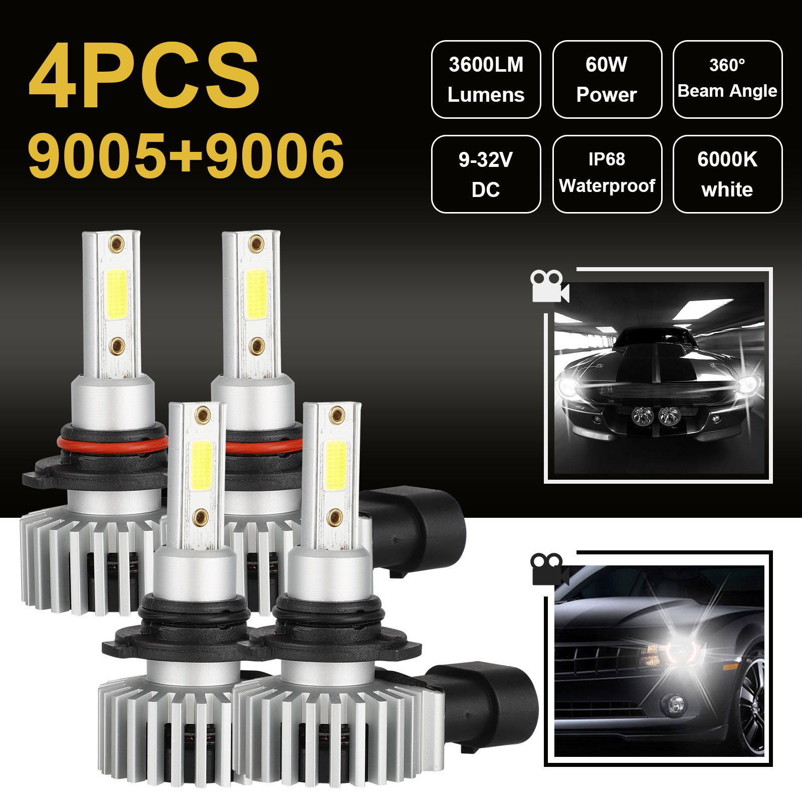 Pack Of 2 HIMA4X4 H4 9003 LED Headlight Bulbs 60W 8000LM Cree LED 6500k Fanless Headlight Bulbs Replacement Conversion Kit Xenon White All In One