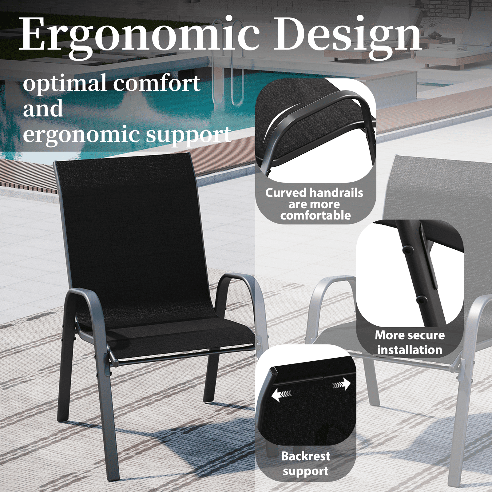 AMOPATIO Patio Chairs Set of 4, Outdoor Stackable Dining Chairs for All Weather, Breathable Garden Outdoor Furniture for Backyard Deck, Black