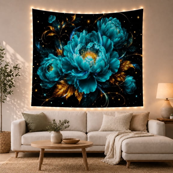 Large Teal Blooms with Gold Leaves on Black, Romantic Fantasy for Women, Elegant Floral Wall Art Valentine's Day Gift Tapestry Wall Hanging for Bedroom and Living Room