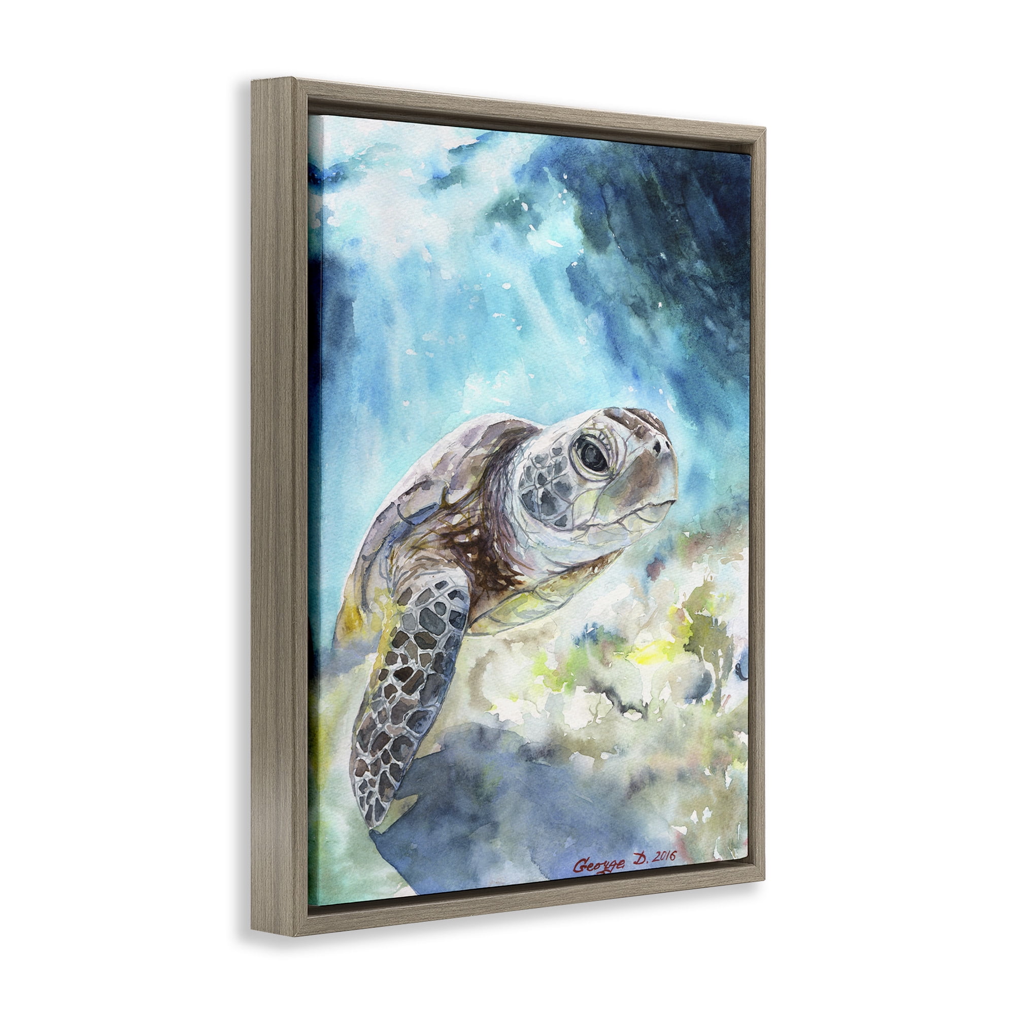 Stupell Industries Sea Turtle Ocean Watercolor Animals & Insects Painting Brown Floater Framed Canvas Art Print Wall Art, 17 x 21