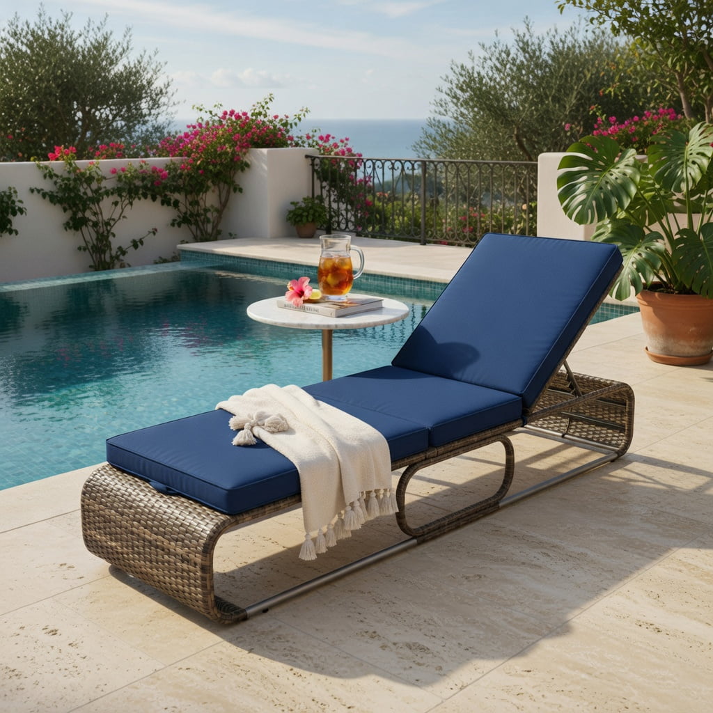 Hommoo 7-Position Adjustable PE Rattan Outdoor Chaise Lounge Chair with Removable Cushions, Heavy-Duty Metal Frame, Poolside & Patio Ready, Navy