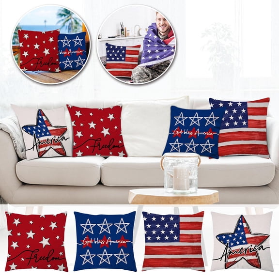 Outdoor Waterproof Pillow Covers, 18X18 In, 4Th of July Pillow Covers, Patriotic Outdoor Decor, Striped Accents, Star Decorations, Red Blue White, 4 Set