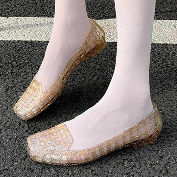 Qicasul Women's sandals Jelly Shoes Crystal Casual Slip On Sandals Comfortable Outdoor Beach Breathable Lightweight Summer Footwear Gold US Size:7