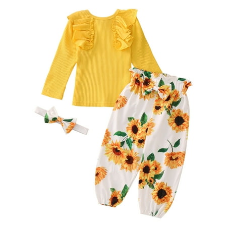 

Toddler Baby Boys Girls Long Sleeve Solid Tops+Print Pants+Hairband Sets