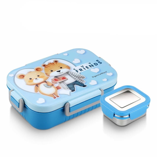 Fiambrera infantil Signoraware de acero inoxidable con estampado de ardilla | Tapa hermética con cierre de clip | Conserva la frescura y la textura crujiente | Ideal para el colegio, picnics y activid