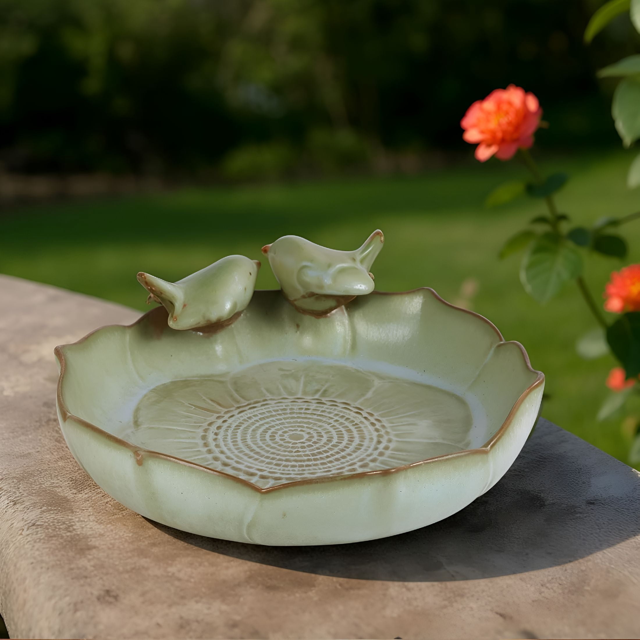 ACDANC Ceramic Bird Bath Bowl with Perched Birds-Outdoor Tabletop Birdbath Basin in Weather-Resistant Glaze-Usable on Ground,Deck Or Tabletop